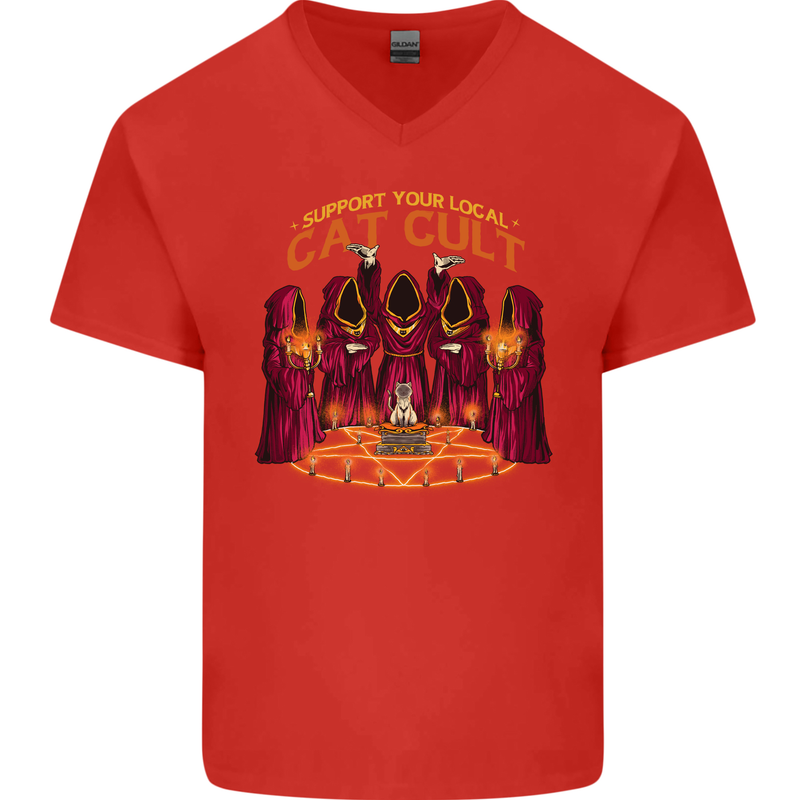 Cat Cult Evil Feline Devil Worship Satanic Mens V-Neck Cotton T-Shirt Red