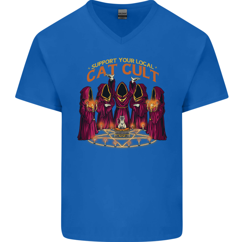 Cat Cult Evil Feline Devil Worship Satanic Mens V-Neck Cotton T-Shirt Royal Blue