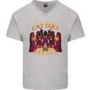 Cat Cult Evil Feline Devil Worship Satanic Mens V-Neck Cotton T-Shirt Sports Grey