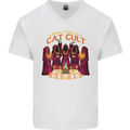 Cat Cult Evil Feline Devil Worship Satanic Mens V-Neck Cotton T-Shirt White