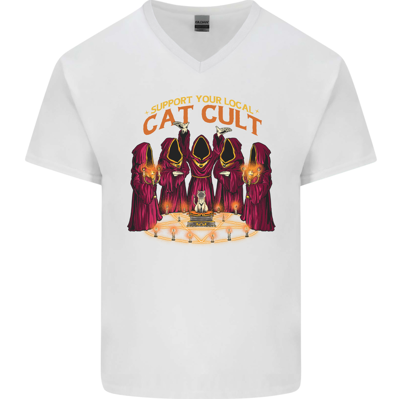 Cat Cult Evil Feline Devil Worship Satanic Mens V-Neck Cotton T-Shirt White
