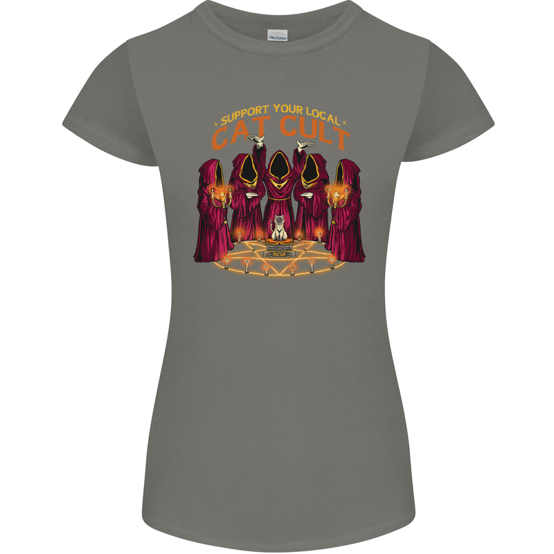 Cat Cult Evil Feline Devil Worship Satanic Womens Petite Cut T-Shirt Charcoal