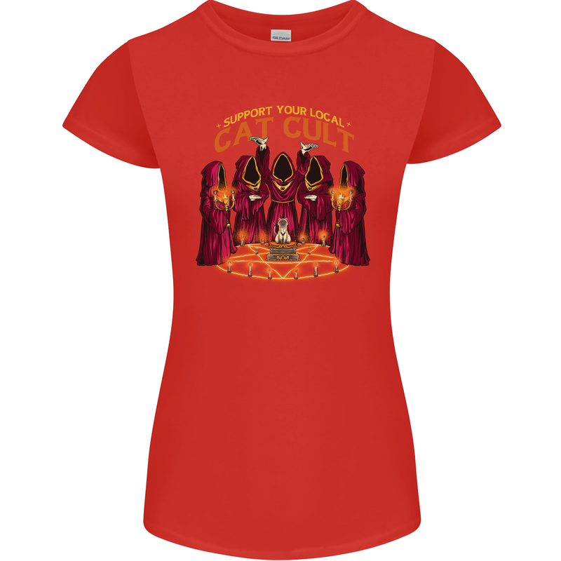 Cat Cult Evil Feline Devil Worship Satanic Womens Petite Cut T-Shirt Red