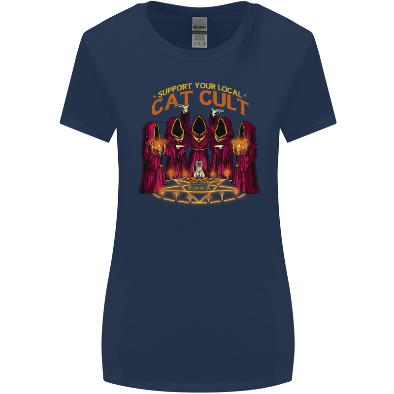 Cat Cult Evil Feline Devil Worship Satanic Womens Wider Cut T-Shirt Navy Blue