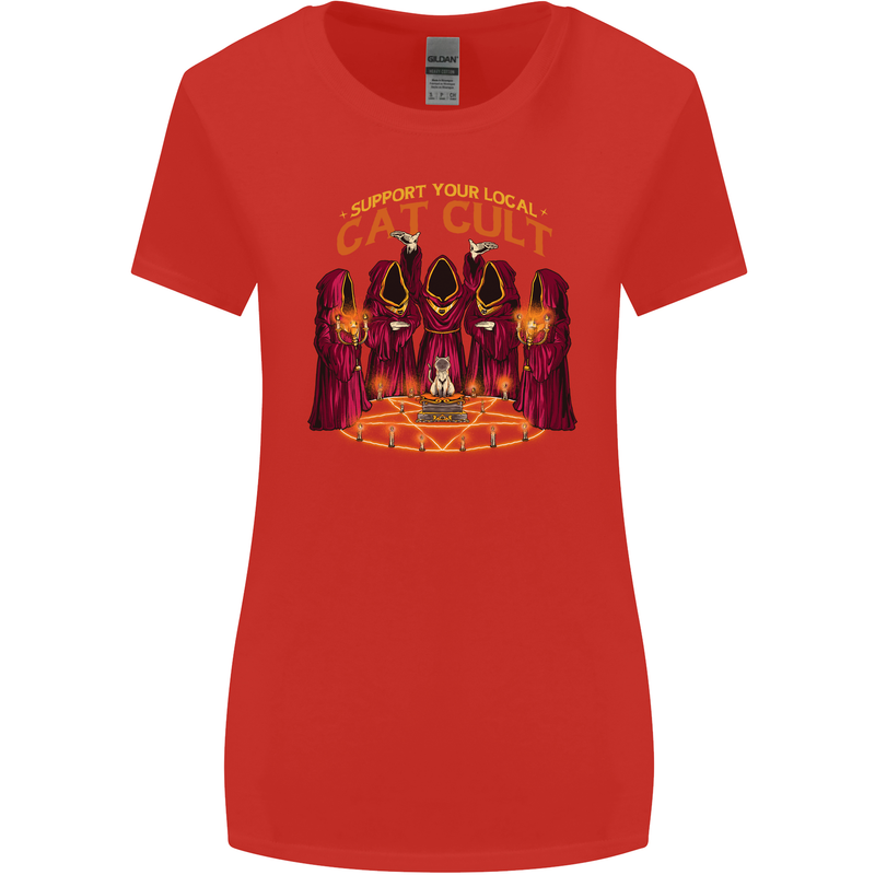 Cat Cult Evil Feline Devil Worship Satanic Womens Wider Cut T-Shirt Red