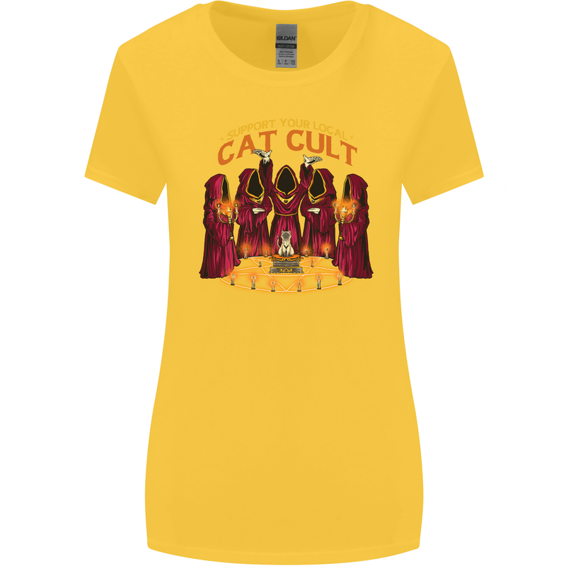 Cat Cult Evil Feline Devil Worship Satanic Womens Wider Cut T-Shirt Yellow