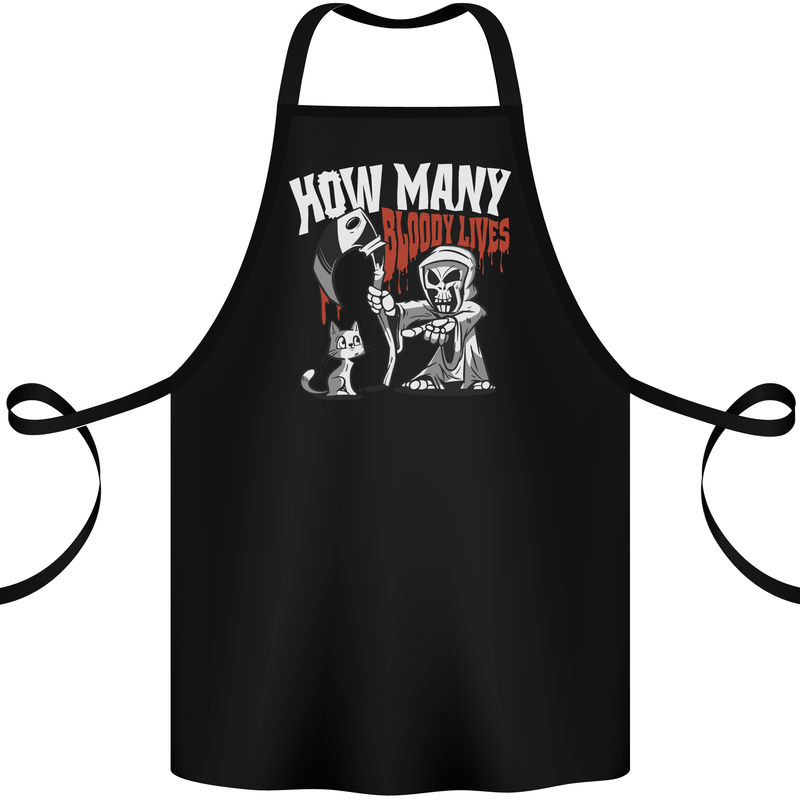Cat Grim Reaper and 9 Bloody Lives Funny Cotton Apron 100% Organic Black