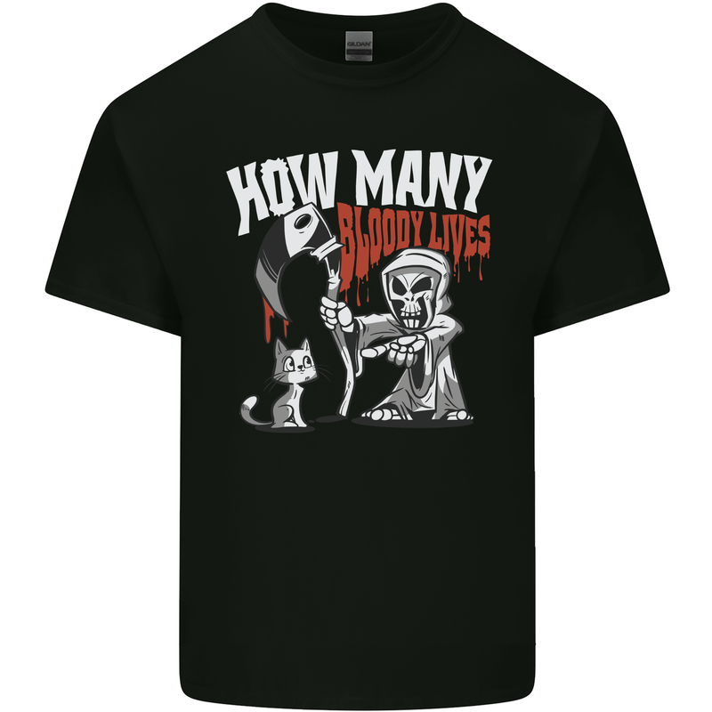 Cat Grim Reaper and 9 Bloody Lives Funny Kids T-Shirt Childrens Black