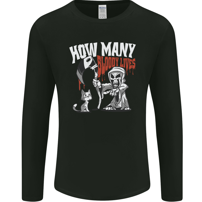 Cat Grim Reaper and 9 Bloody Lives Funny Mens Long Sleeve T-Shirt Black