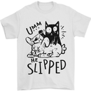Cat Kills Dog He Slipped Funny Mens T-Shirt 100% Cotton White