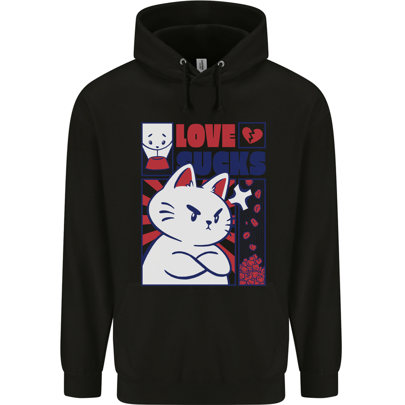 Cat Love Sucks Anti Valentines Singles Day Childrens Kids Hoodie Black