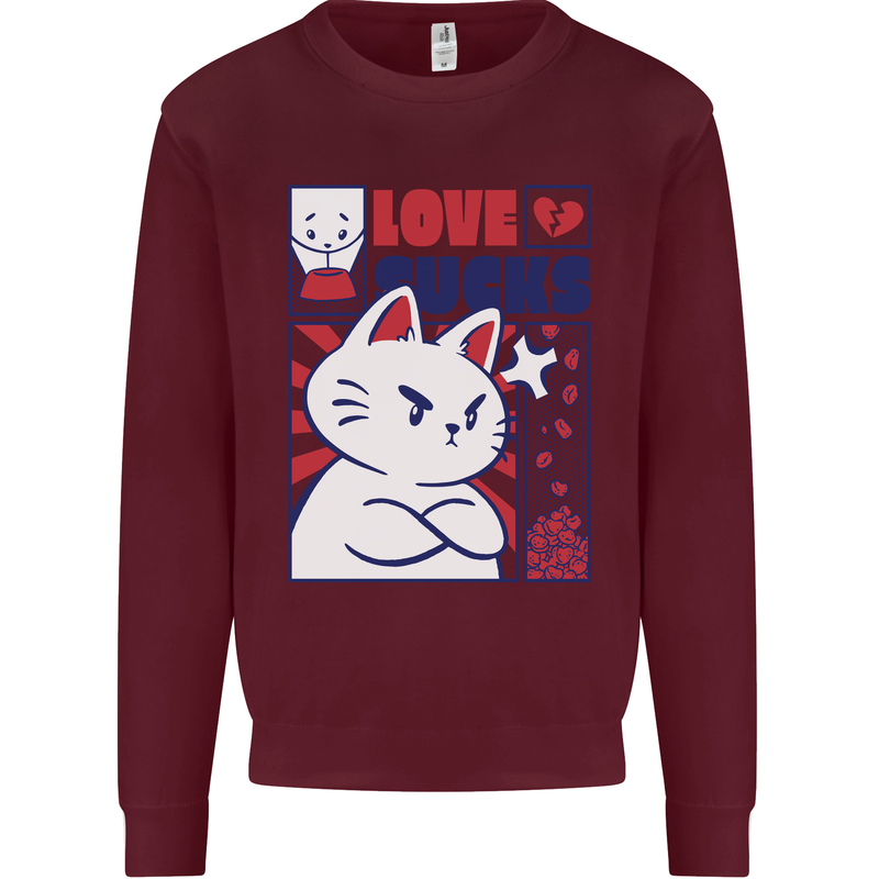 Cat Love Sucks Anti Valentines Singles Day Kids Sweatshirt Jumper Maroon