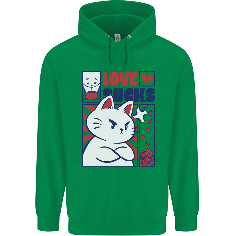 Cat Love Sucks Anti Valentines Singles Day Mens 80% Cotton Hoodie Irish Green