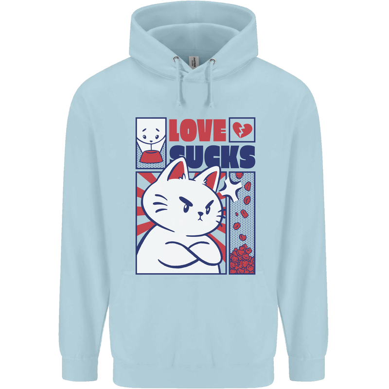 Cat Love Sucks Anti Valentines Singles Day Mens 80% Cotton Hoodie Light Blue