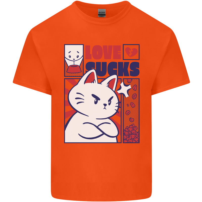 Cat Love Sucks Anti Valentines Singles Day Mens Cotton T-Shirt Tee Top Orange