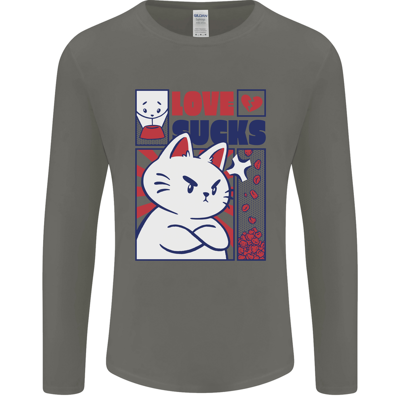 Cat Love Sucks Anti Valentines Singles Day Mens Long Sleeve T-Shirt Charcoal