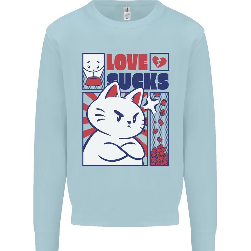 Cat Love Sucks Anti Valentines Singles Day Mens Sweatshirt Jumper Light Blue