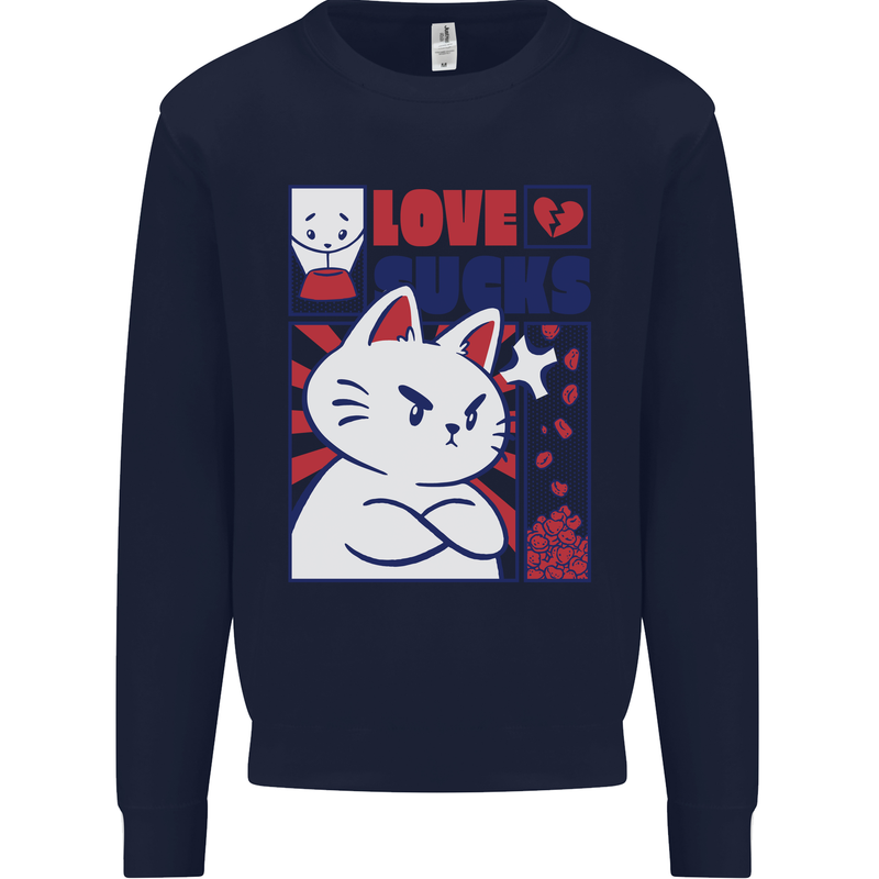 Cat Love Sucks Anti Valentines Singles Day Mens Sweatshirt Jumper Navy Blue