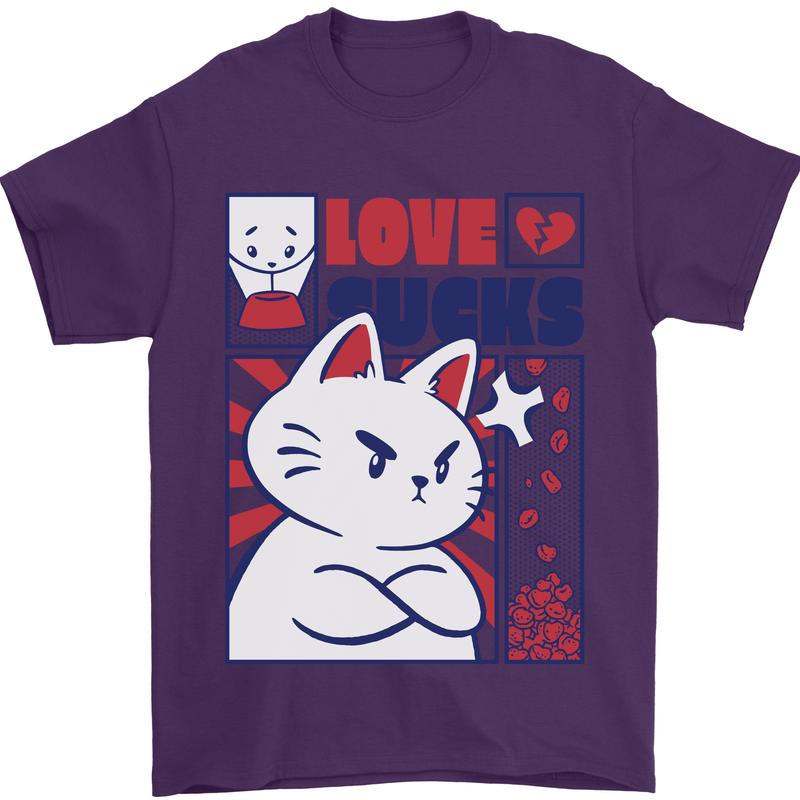 Cat Love Sucks Anti Valentines Singles Day Mens T-Shirt 100% Cotton Purple