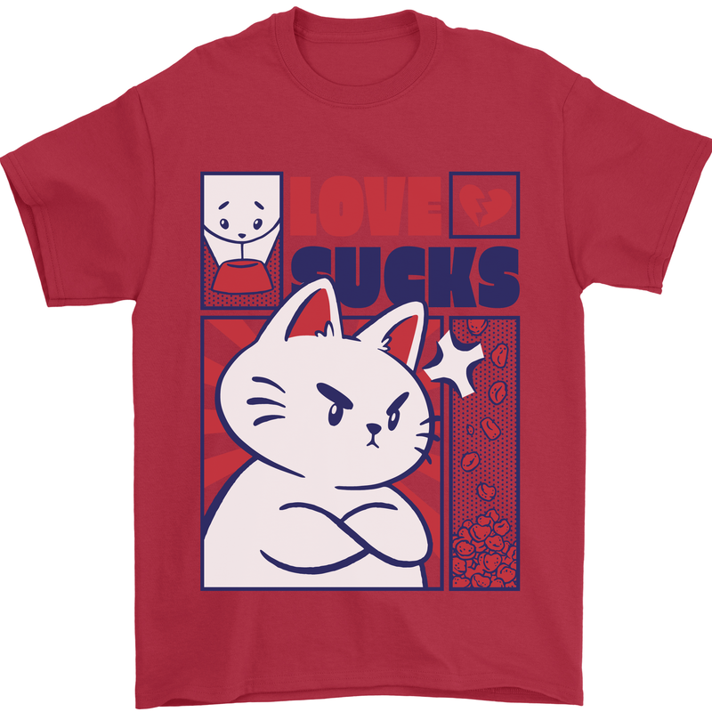 Cat Love Sucks Anti Valentines Singles Day Mens T-Shirt 100% Cotton Red