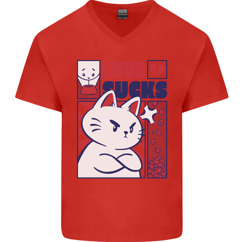 Cat Love Sucks Anti Valentines Singles Day Mens V-Neck Cotton T-Shirt Red