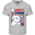 Cat Love Sucks Anti Valentines Singles Day Mens V-Neck Cotton T-Shirt Sports Grey