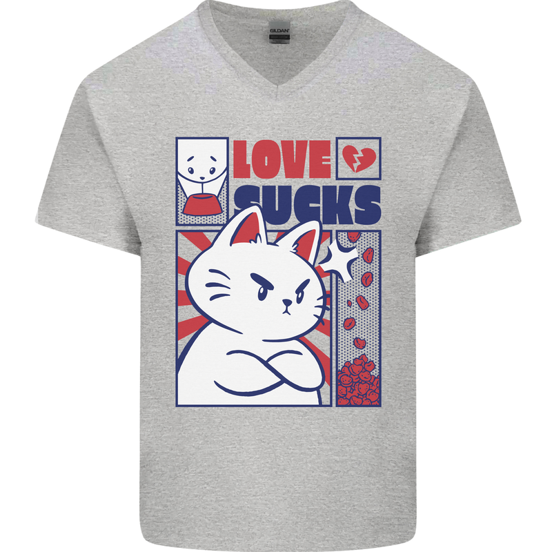 Cat Love Sucks Anti Valentines Singles Day Mens V-Neck Cotton T-Shirt Sports Grey