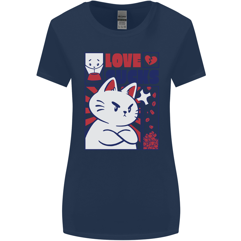 Cat Love Sucks Anti Valentines Singles Day Womens Wider Cut T-Shirt Navy Blue