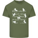 Cat Music Musical Notes Piano Guitar Mens Cotton T-Shirt Tee Top Military Green