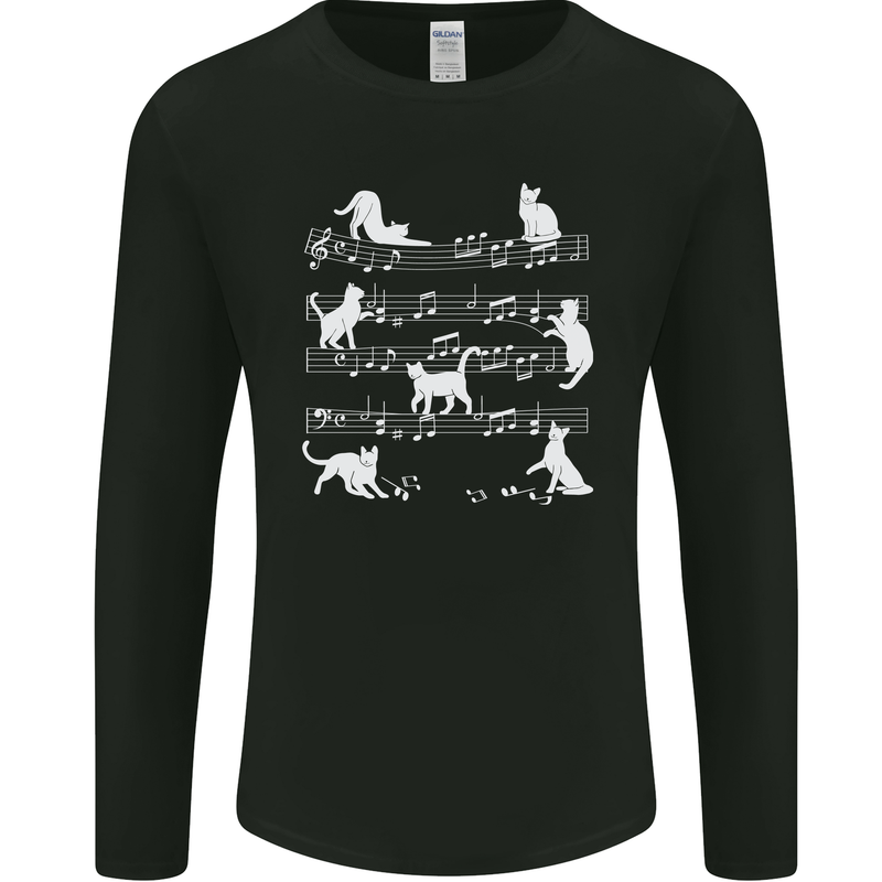 Cat Music Musical Notes Piano Guitar Mens Long Sleeve T-Shirt Black