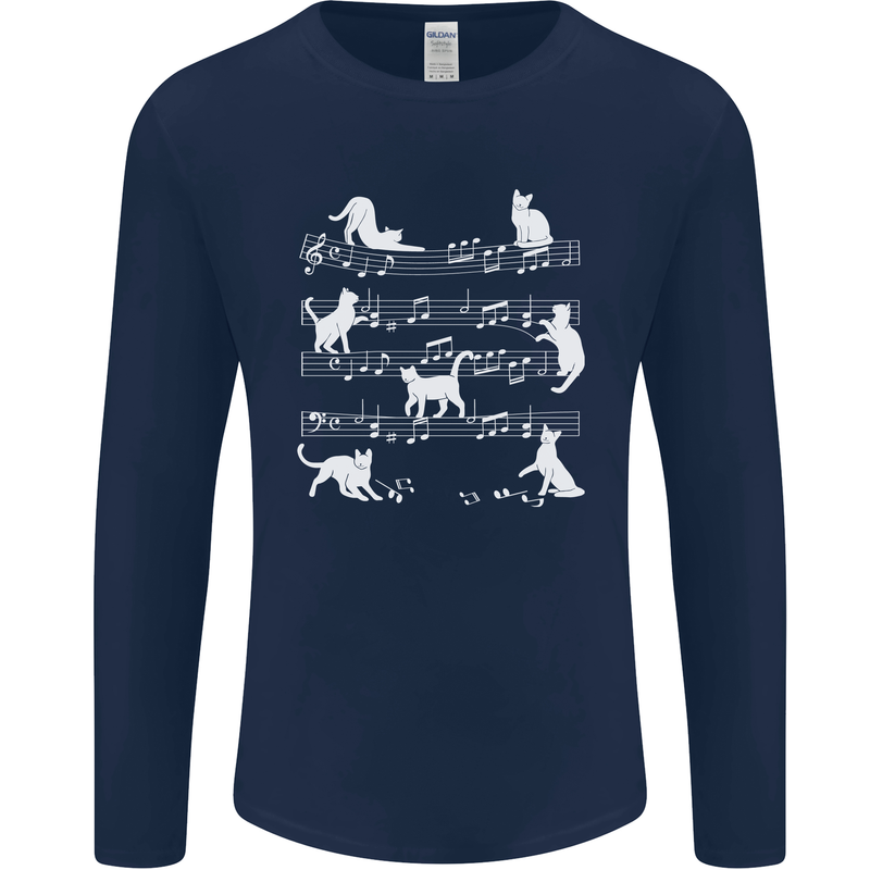 Cat Music Musical Notes Piano Guitar Mens Long Sleeve T-Shirt Navy Blue