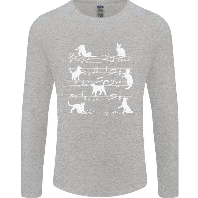 Cat Music Musical Notes Piano Guitar Mens Long Sleeve T-Shirt Sports Grey