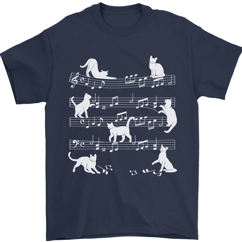 Cat Music Musical Notes Piano Guitar Mens T-Shirt 100% Cotton Navy Blue