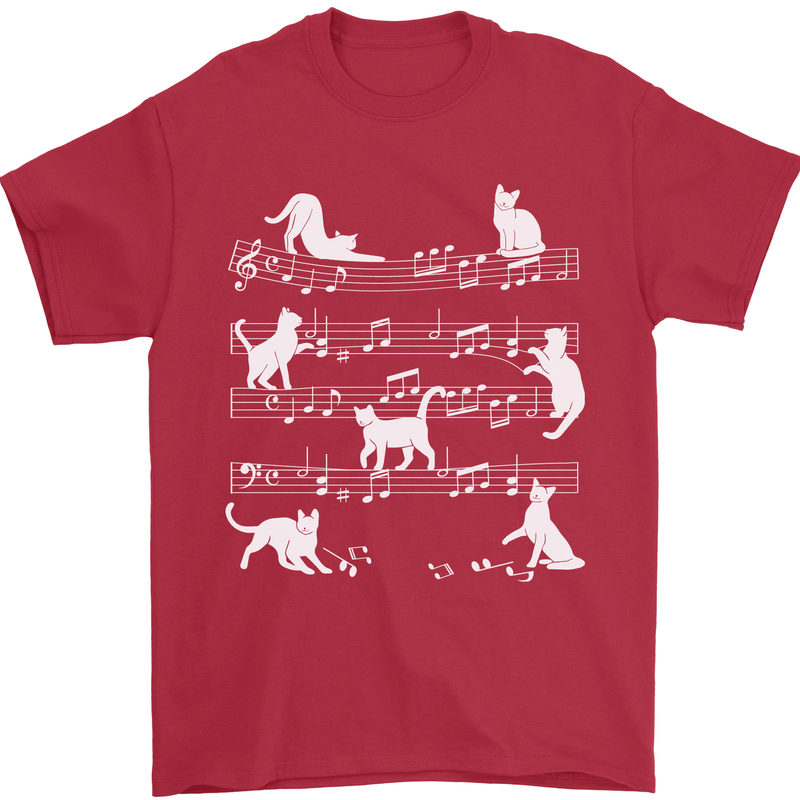 Cat Music Musical Notes Piano Guitar Mens T-Shirt 100% Cotton Red