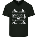Cat Music Musical Notes Piano Guitar Mens V-Neck Cotton T-Shirt Black
