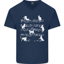 Cat Music Musical Notes Piano Guitar Mens V-Neck Cotton T-Shirt Navy Blue