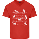 Cat Music Musical Notes Piano Guitar Mens V-Neck Cotton T-Shirt Red