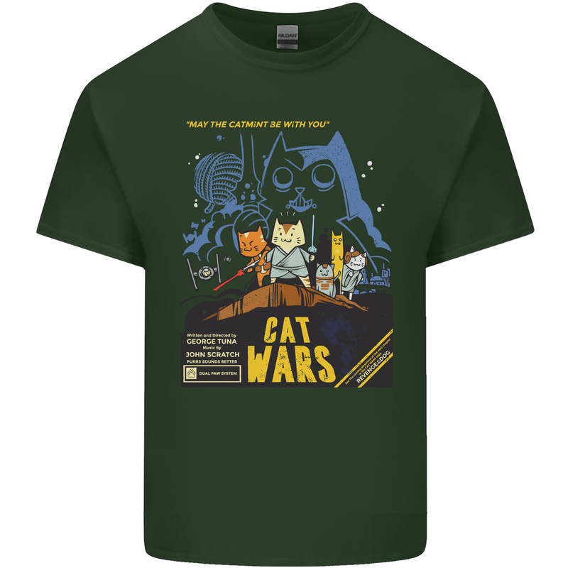 Cat Wars Funny Sci-Fi Mens Cotton T-Shirt Tee Top Forest Green