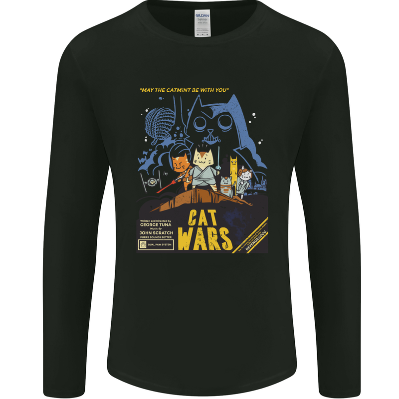 Cat Wars Funny Sci-Fi Mens Long Sleeve T-Shirt Black