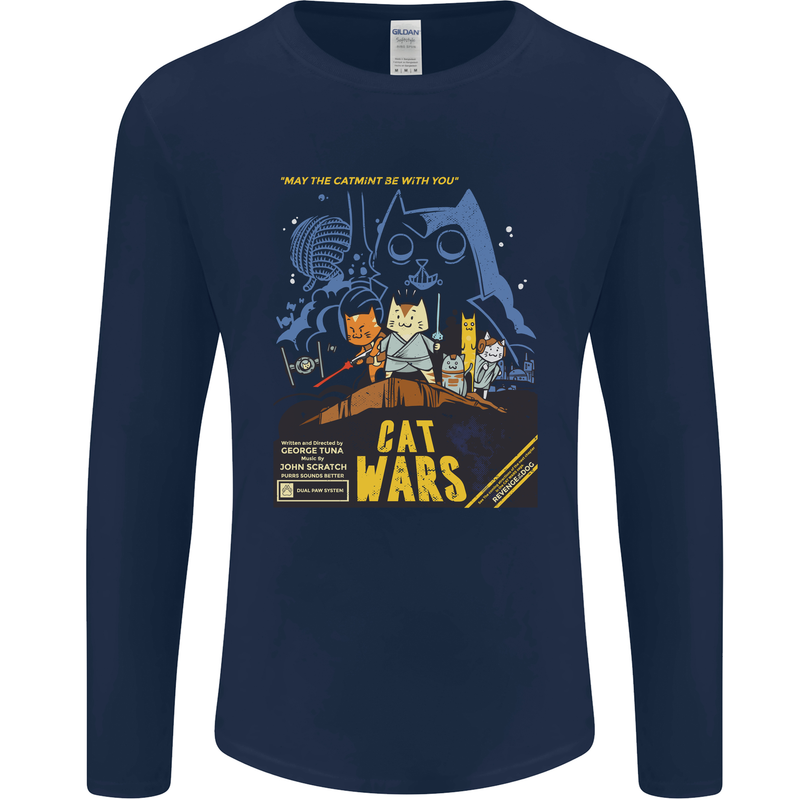 Cat Wars Funny Sci-Fi Mens Long Sleeve T-Shirt Navy Blue