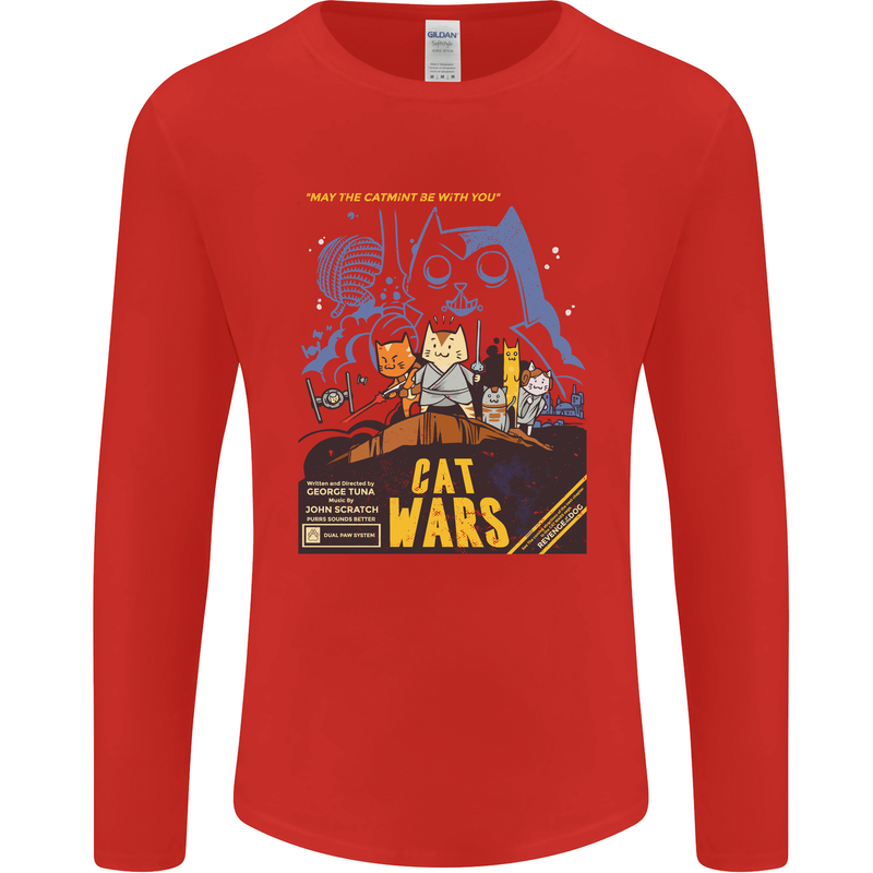Cat Wars Funny Sci-Fi Mens Long Sleeve T-Shirt Red