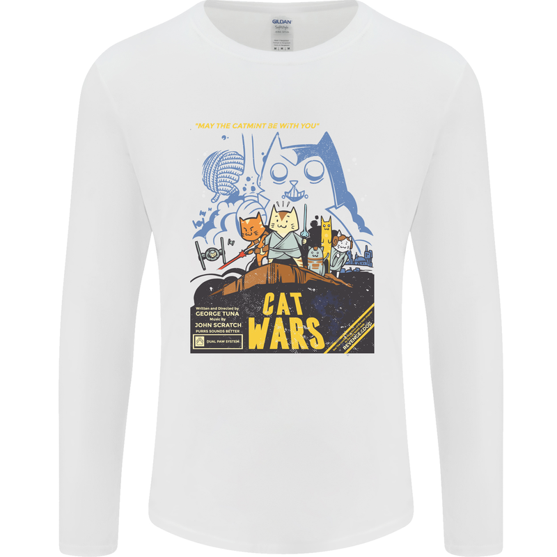 Cat Wars Funny Sci-Fi Mens Long Sleeve T-Shirt White
