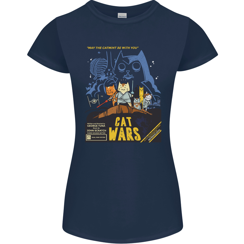 Cat Wars Funny Sci-Fi Womens Petite Cut T-Shirt Navy Blue