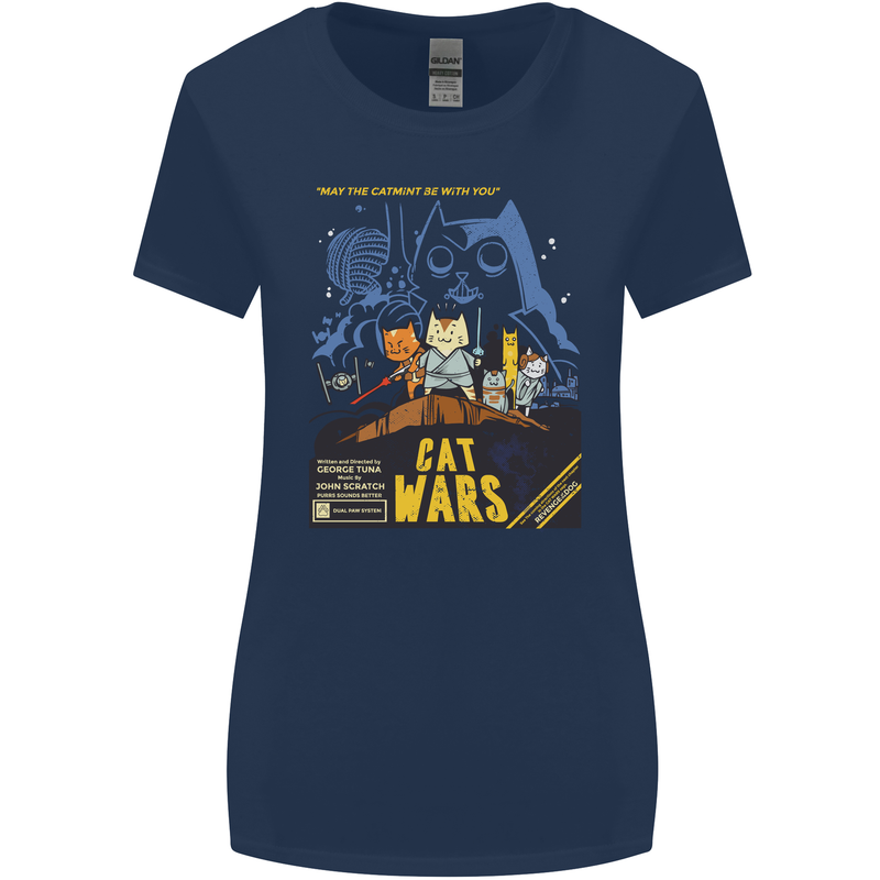 Cat Wars Funny Sci-Fi Womens Wider Cut T-Shirt Navy Blue
