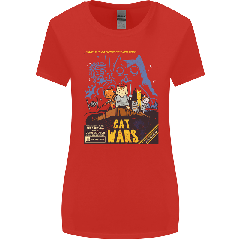 Cat Wars Funny Sci-Fi Womens Wider Cut T-Shirt Red