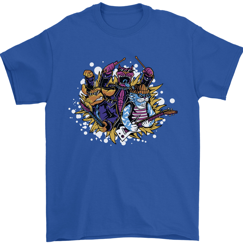 Cat & Dog Rock Band Music Guitar Drums Mens T-Shirt 100% Cotton Royal Blue