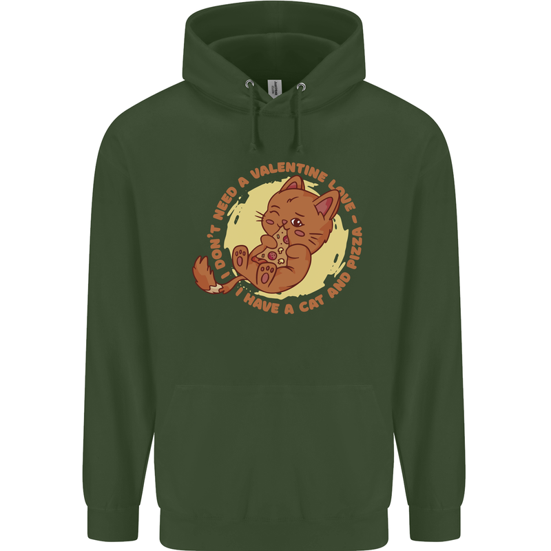 Cat & Pizza Anti Valentines Singles Day Mens 80% Cotton Hoodie Forest Green