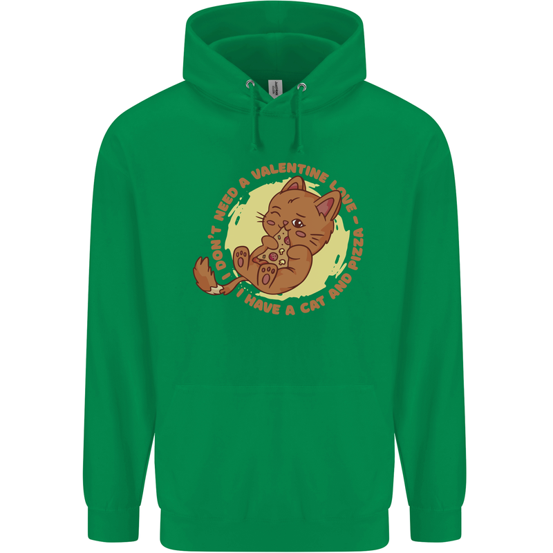 Cat & Pizza Anti Valentines Singles Day Mens 80% Cotton Hoodie Irish Green