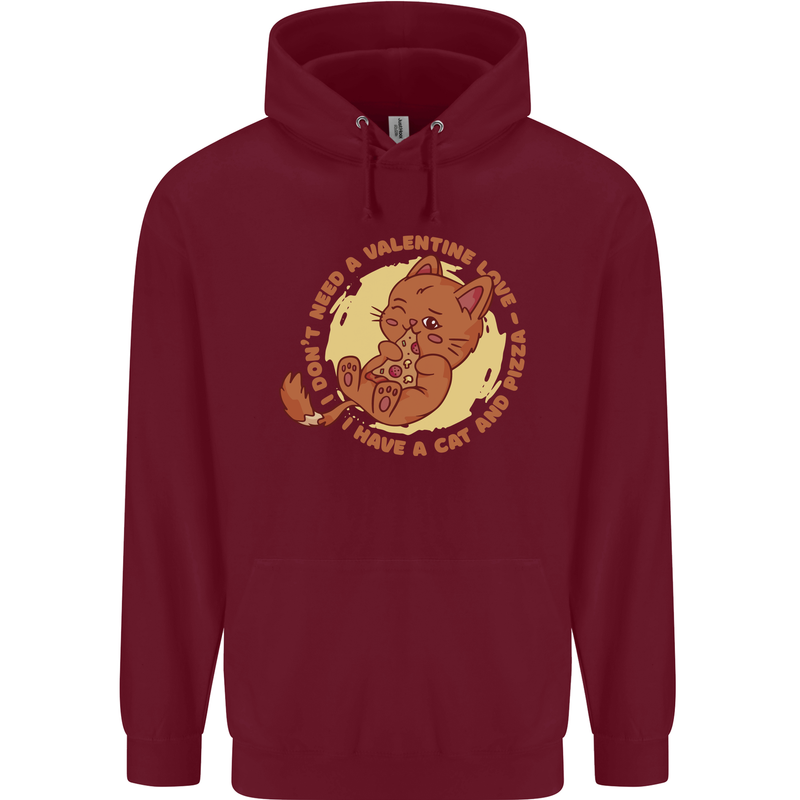 Cat & Pizza Anti Valentines Singles Day Mens 80% Cotton Hoodie Maroon