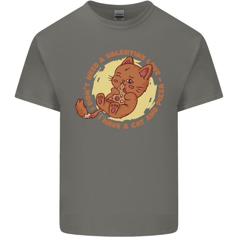 Cat & Pizza Anti Valentines Singles Day Mens Cotton T-Shirt Tee Top Charcoal